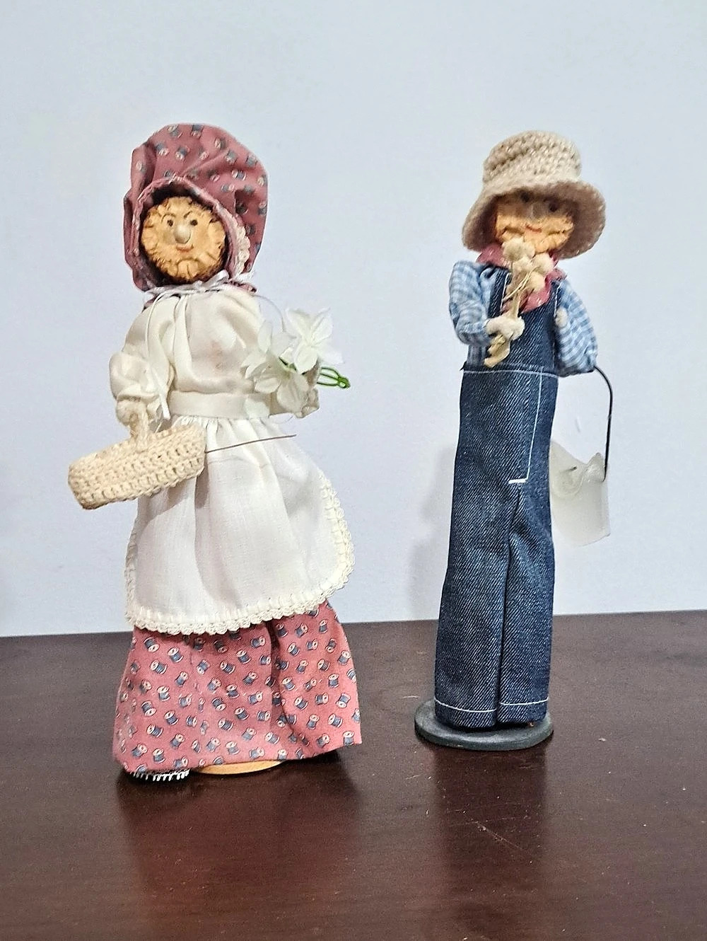 Vintage-Style Cork Face Decorative Doll Set in Pink & Blue